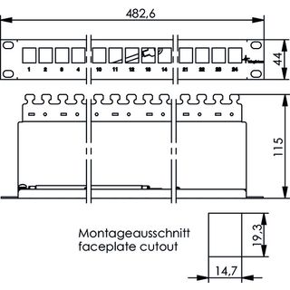 19 Modultrger 1HE RAL 9005 inkl. KAF +24 x AMJ Modul K Cat.6A (ISO/IEC) T568B (Telegrtner J02023A0035)