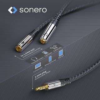 Premium Headset Audio Splitter / Y-Adapter Kabel mit Nylongeflecht ? 0,25m, schwarz